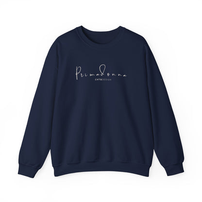PRIMADONNA by CHTQ Design navy blue crewneck sweatshirt with delicate white script lettering on the chest, front view on white background.