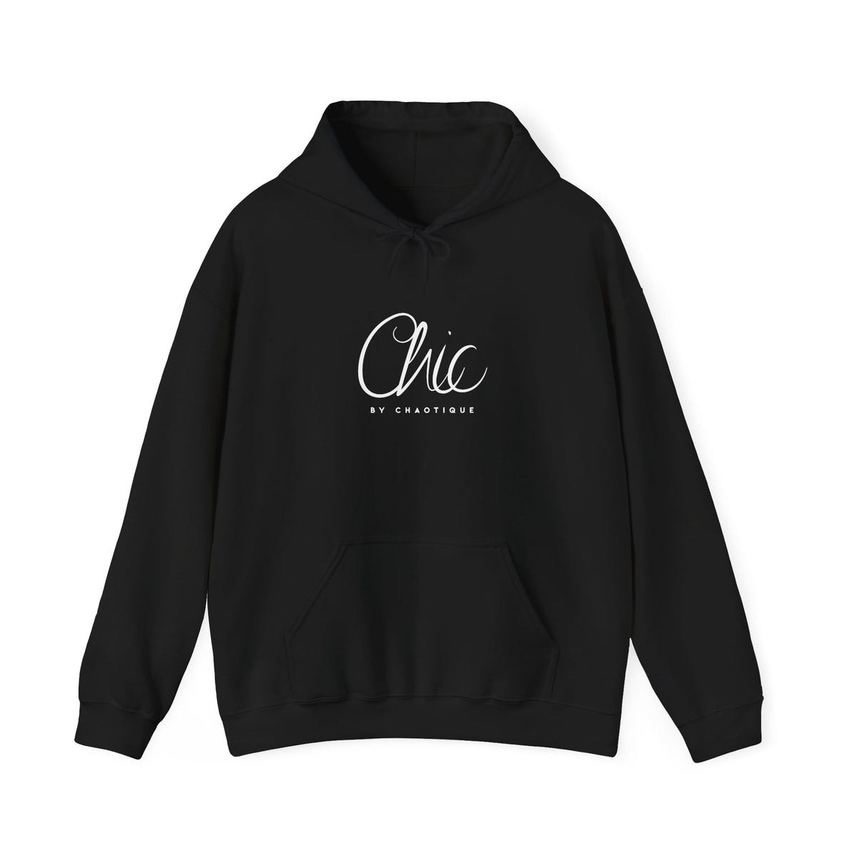 Black Chic by Chaotique pullover hoodie featuring an elegant white script logo on the chest and a minimalist everyday design.