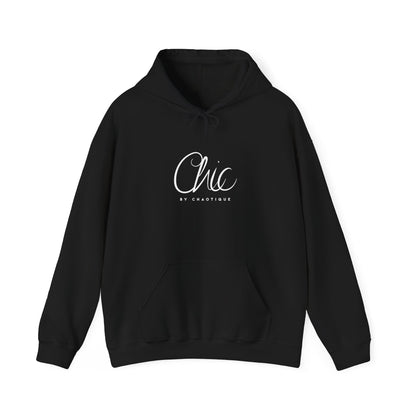 Black Chic by Chaotique pullover hoodie featuring an elegant white script logo on the chest and a minimalist everyday design.