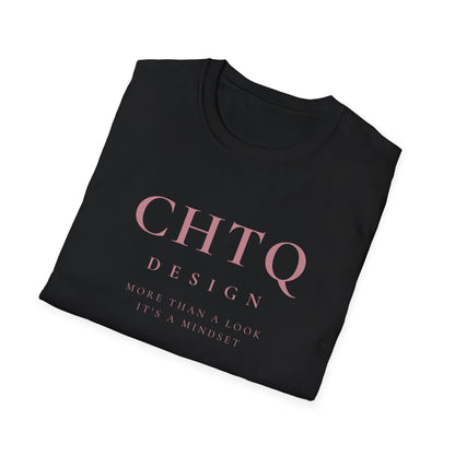 A folded black CHTQ Design graphic T-shirt with pink “CHTQ DESIGN” and “More Than a Look, It’s a Mindset” text on the front, displayed on a white background.