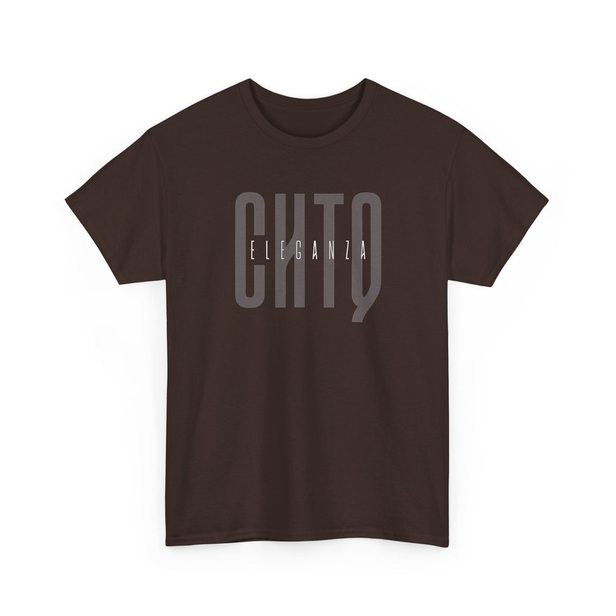 A dark brown crewneck t-shirt with a gray graphic print that reads 'CHTQ ELEGANZA' on the chest, posed against a solid white background.
