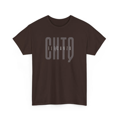 A dark brown crewneck t-shirt with a gray graphic print that reads 'CHTQ ELEGANZA' on the chest, posed against a solid white background.
