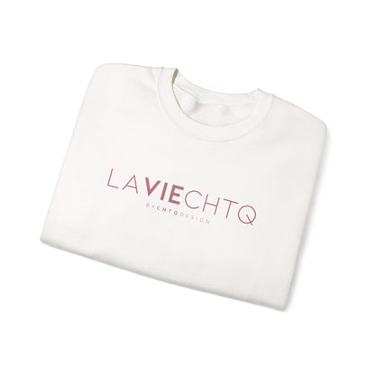 Folded white LA VIE CHTQ Sweatshirt by CHTQ Design with gold “LA VIE CHTQ” and “BY CHTQ DESIGN” chest print, displayed against a clean white background.