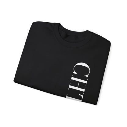 A folded black crewneck sweatshirt with a vertical white CHTQ DESIGN graphic on the front, displayed against a clean white background.