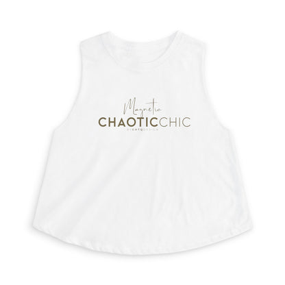 A white sleeveless tank top with a curved hem, featuring a metallic gold printed graphic on the chest that reads 'Magnetic CHAOTICCHIC' with 'ByCHTQDESIGN' underneath, displayed on a clean white background.