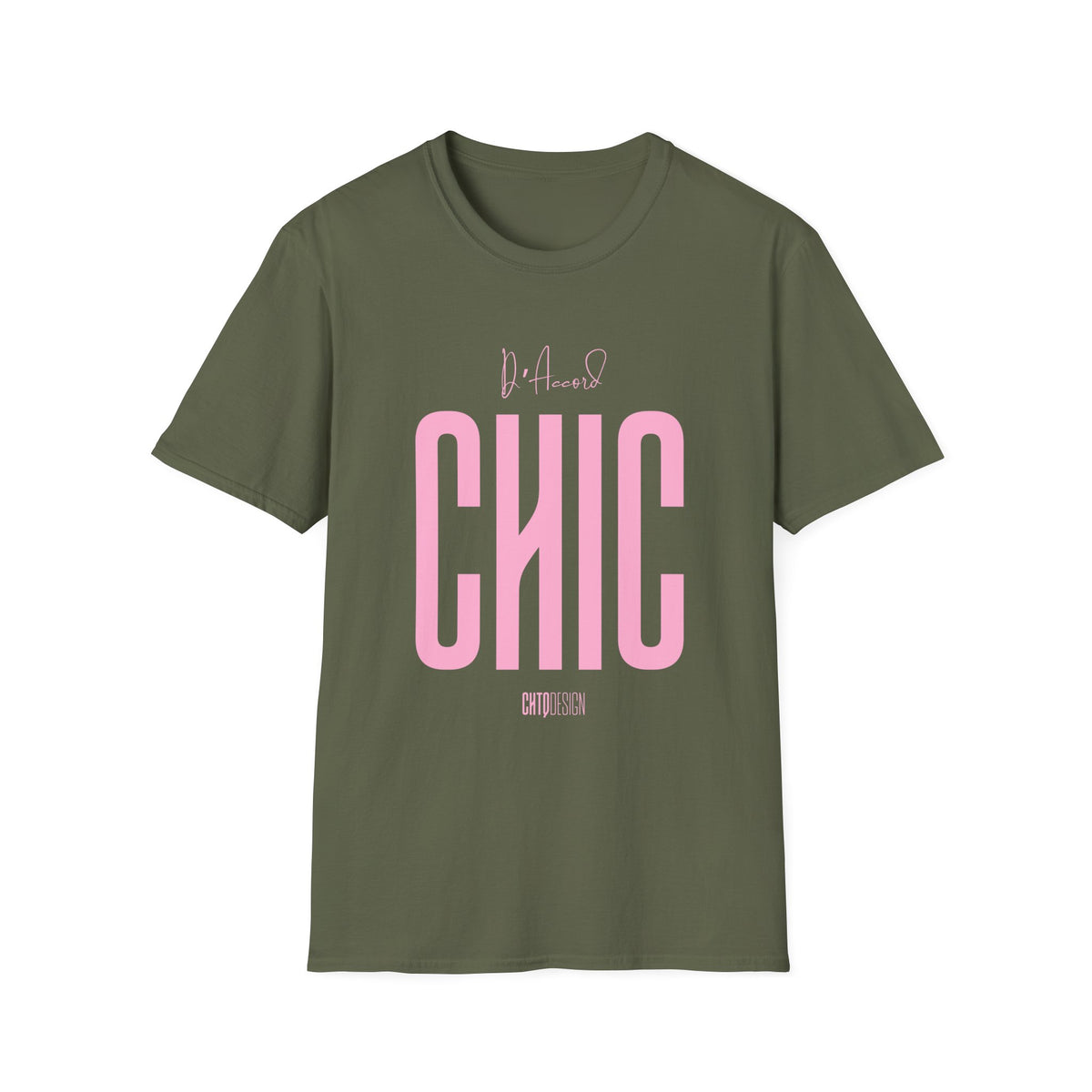 Military green D’Accord CHIC T-shirt with oversized light pink CHIC lettering and CHTQ Design signature.