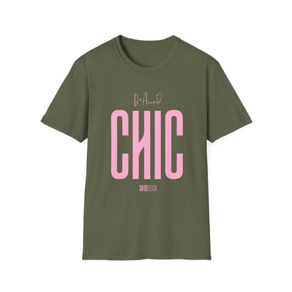 Military green D’Accord CHIC T-shirt with oversized light pink CHIC lettering and CHTQ Design signature.