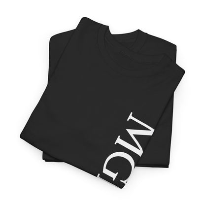 A folded black short-sleeve crewneck T-shirt shown from the back, featuring 'MGNFQ' on front and “CODE CHIC” printed in white across the upper back, displayed against a plain white background.