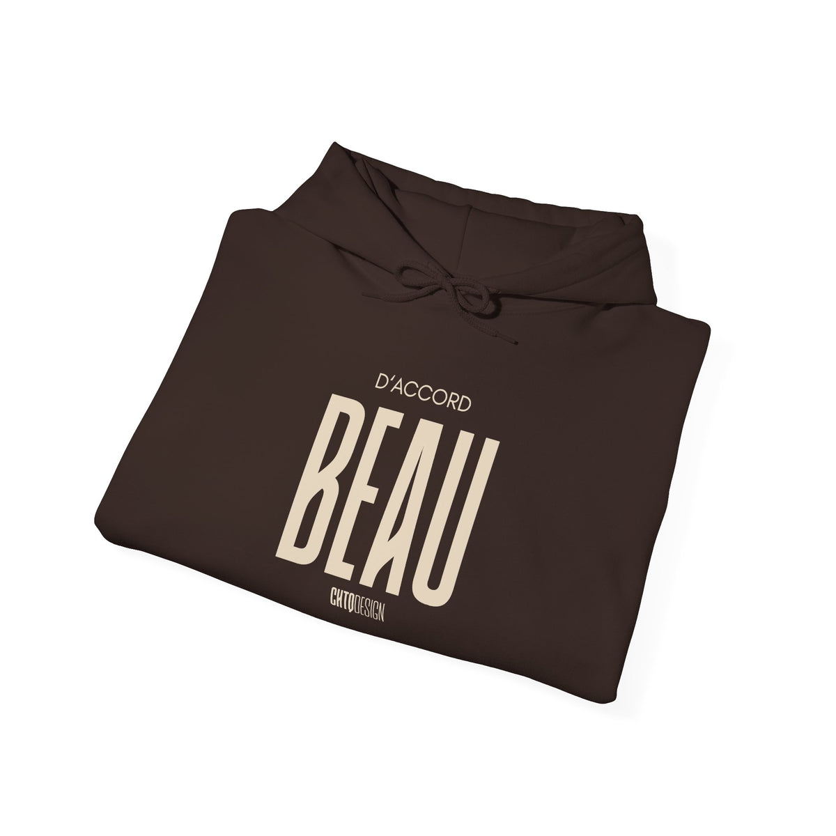 Folded brown D'Accord BEAU hoodie with mathematical symbols and text on a white background