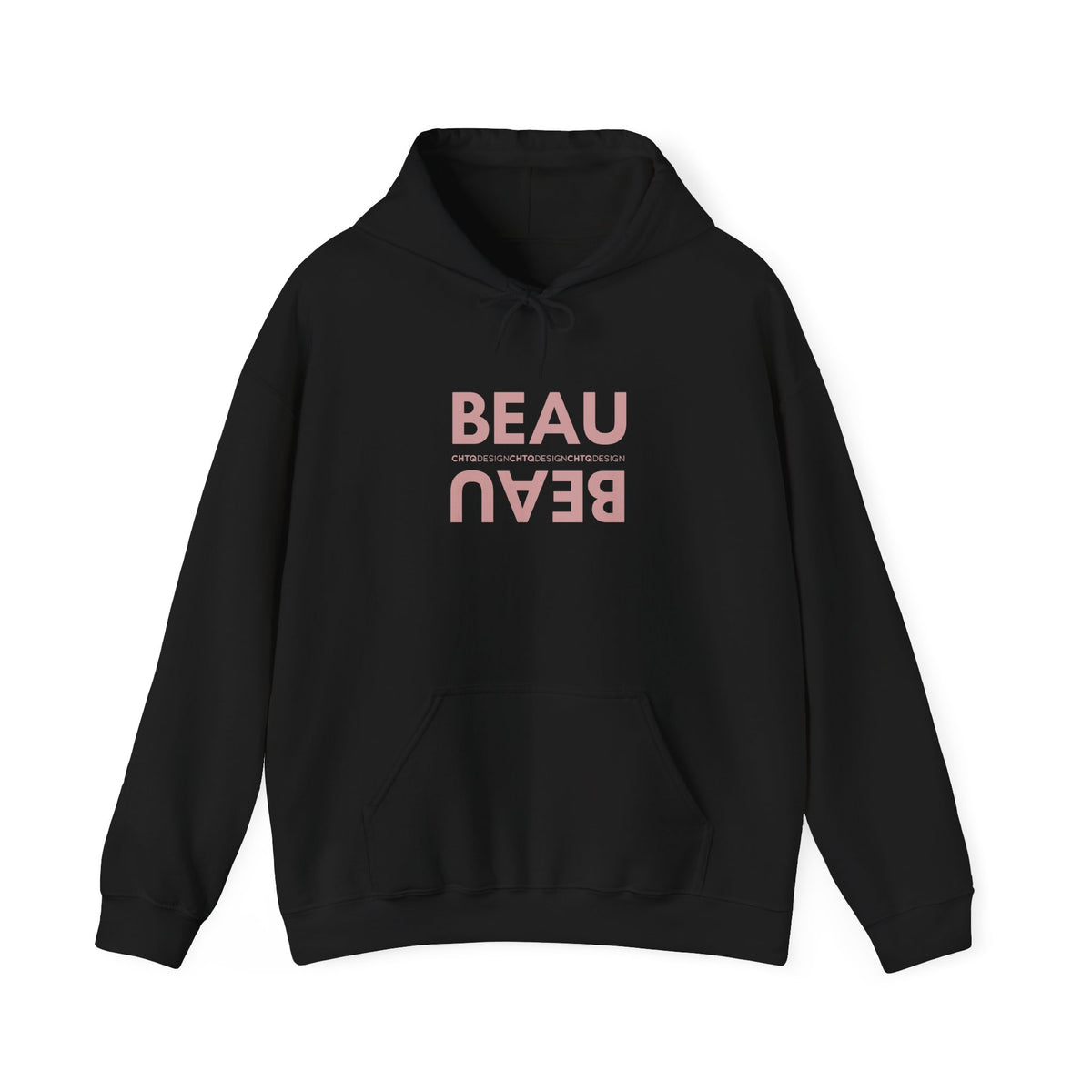 A black BEAU graphic hoodie with a mirrored dusty pink BEAU print and CHTQ Design detail on the chest, displayed against a white background.