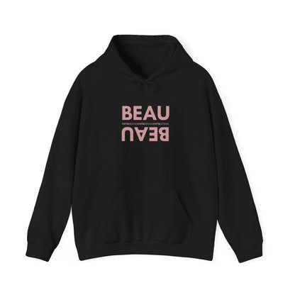A black BEAU graphic hoodie with a mirrored dusty pink BEAU print and CHTQ Design detail on the chest, displayed against a white background.