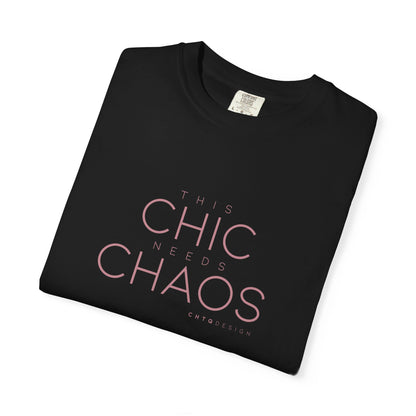 Folded Black THIS CHIC NEEDS CHAOS women’s graphic T-shirt with dusty rose typography by CHTQ Design