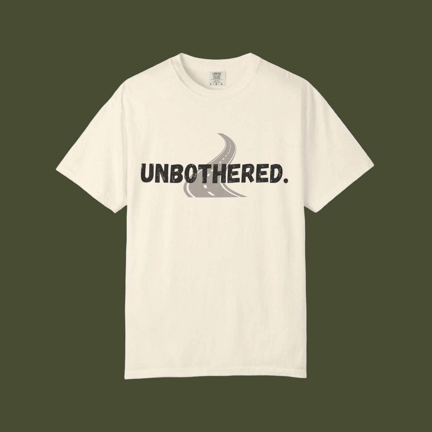 Beige t-shirt with 'UNBOtherED' text and graphic on a white background