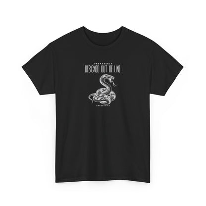Black UNSNAKEBLY Designed Out of Line graphic T-shirt featuring a contrasting snake illustration and CHTQ Design typography.