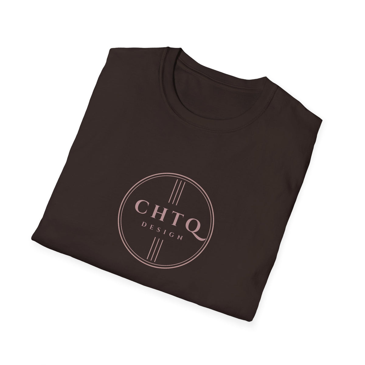 Folded Dark Chocolate men’s graphic T-shirt featuring a rose gold CHTQ Design circle logo on the front, displayed against a white background.