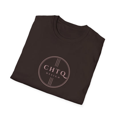 Folded Dark Chocolate men’s graphic T-shirt featuring a rose gold CHTQ Design circle logo on the front, displayed against a white background.