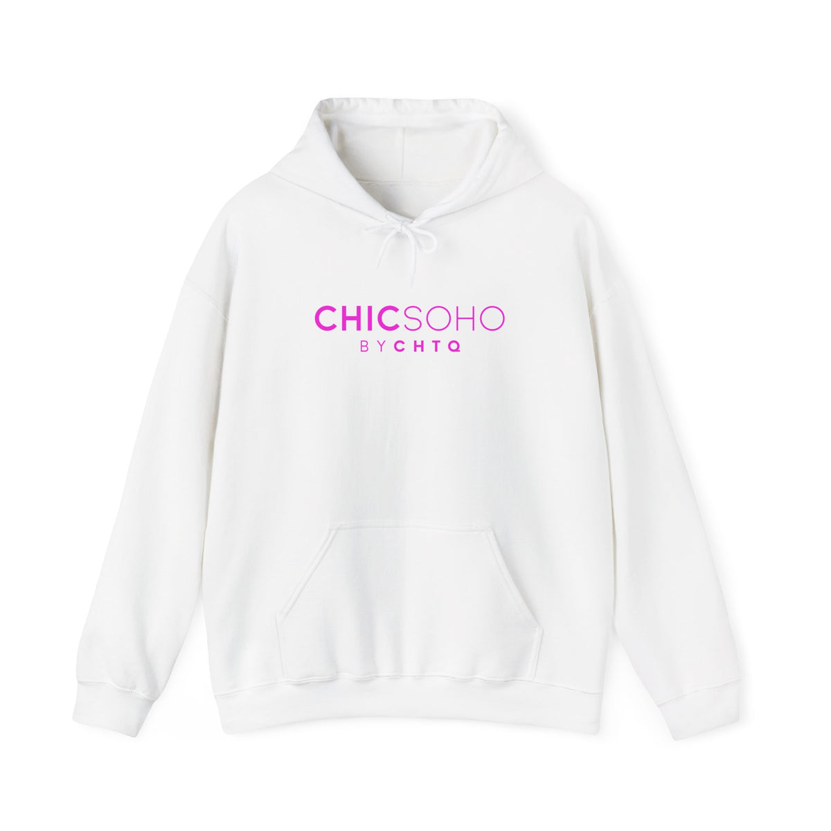White pullover hoodie with a pink CHICSOHO BY CHTQ logo printed on the chest, displayed on a clean white background.