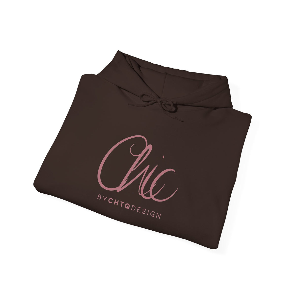Folded CHIC BY CHTQ DESIGN brown women’s hoodie with rose gold script graphic