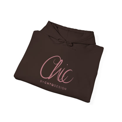 Folded CHIC BY CHTQ DESIGN brown women’s hoodie with rose gold script graphic