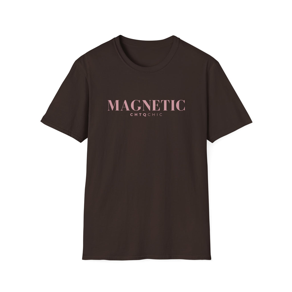 A brown short-sleeve graphic T-shirt featuring pink 'MAGNETIC' text with smaller 'CHTQ CHIC' lettering underneath, displayed against a clean white background.