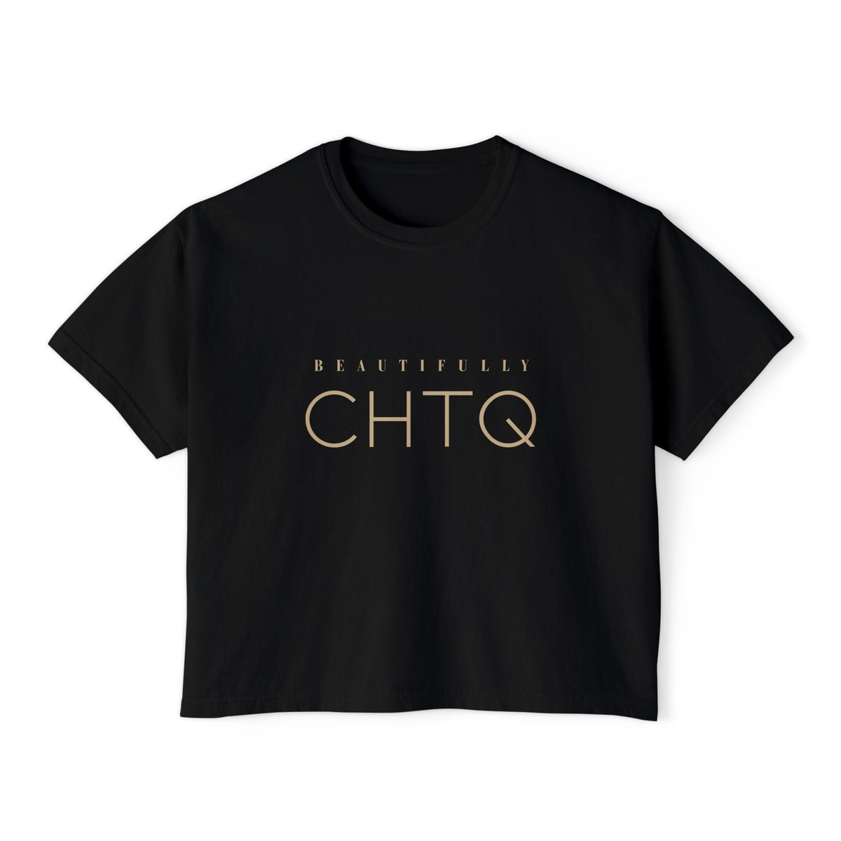 Black BEAUTIFULLY CHTQ boxy graphic T-shirt with gold typography.