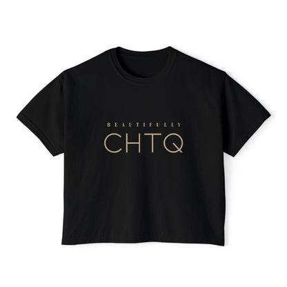 Black BEAUTIFULLY CHTQ boxy graphic T-shirt with gold typography.