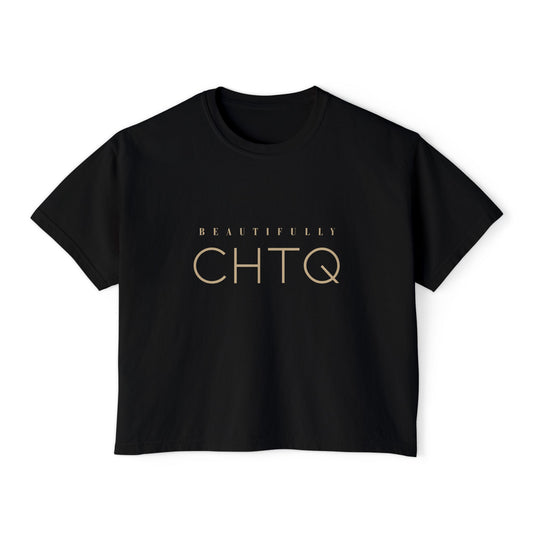 Black BEAUTIFULLY CHTQ boxy graphic T-shirt with gold typography.