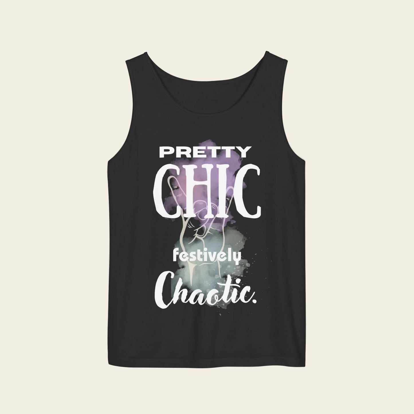 Tank top with text 'pretty chic festively chaotic´, color black