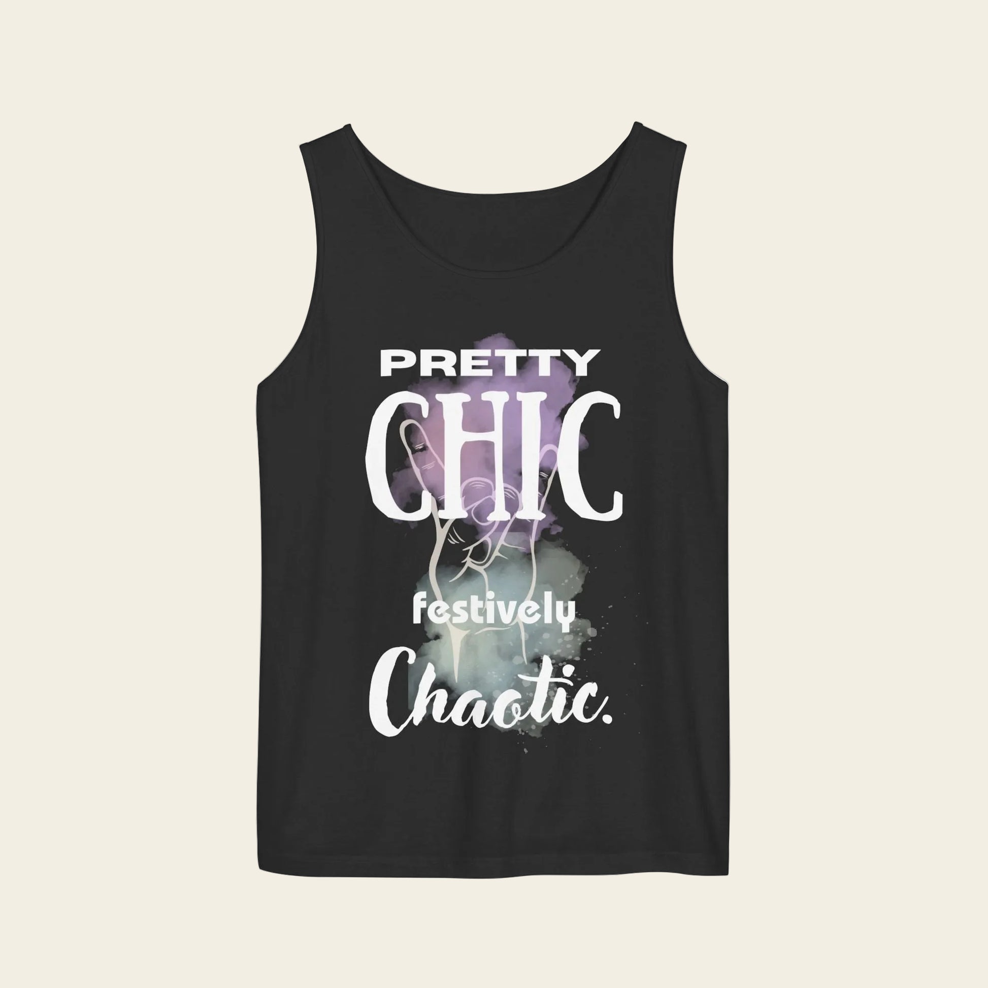 Tank top with text 'pretty chic festively chaotic´, color black