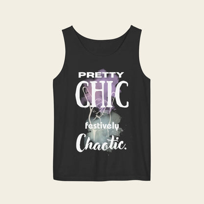 Tank top with text 'pretty chic festively chaotic´, color black