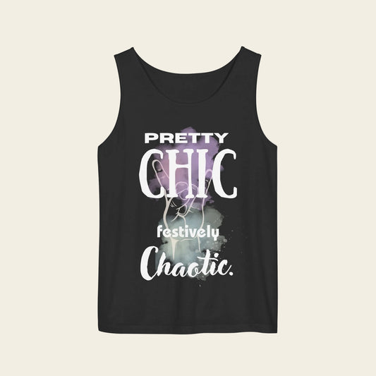 Tank top with text 'pretty chic festively chaotic´, color black