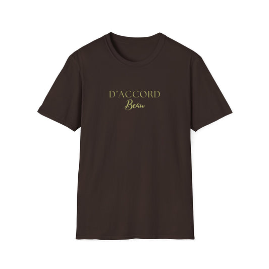 Dark chocolate brown D’Accord Beau men’s T-shirt featuring elegant olive gold typography on the front, with a classic crew neckline and short sleeves, shown on a white background.