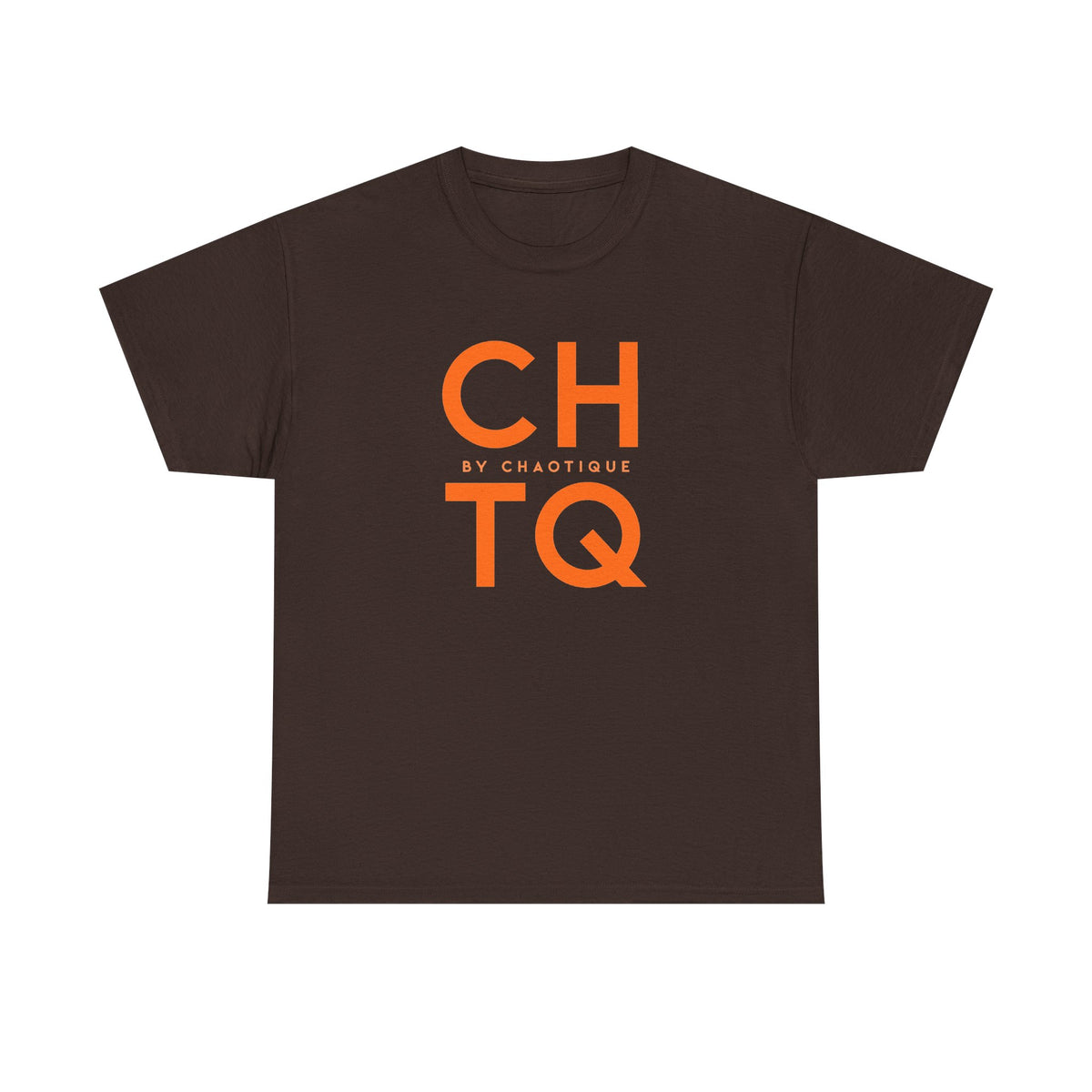 A brown CHTQ BY CHAOTIQUE graphic T-shirt featuring a orange typographic print on the front, displayed against a clean white background.