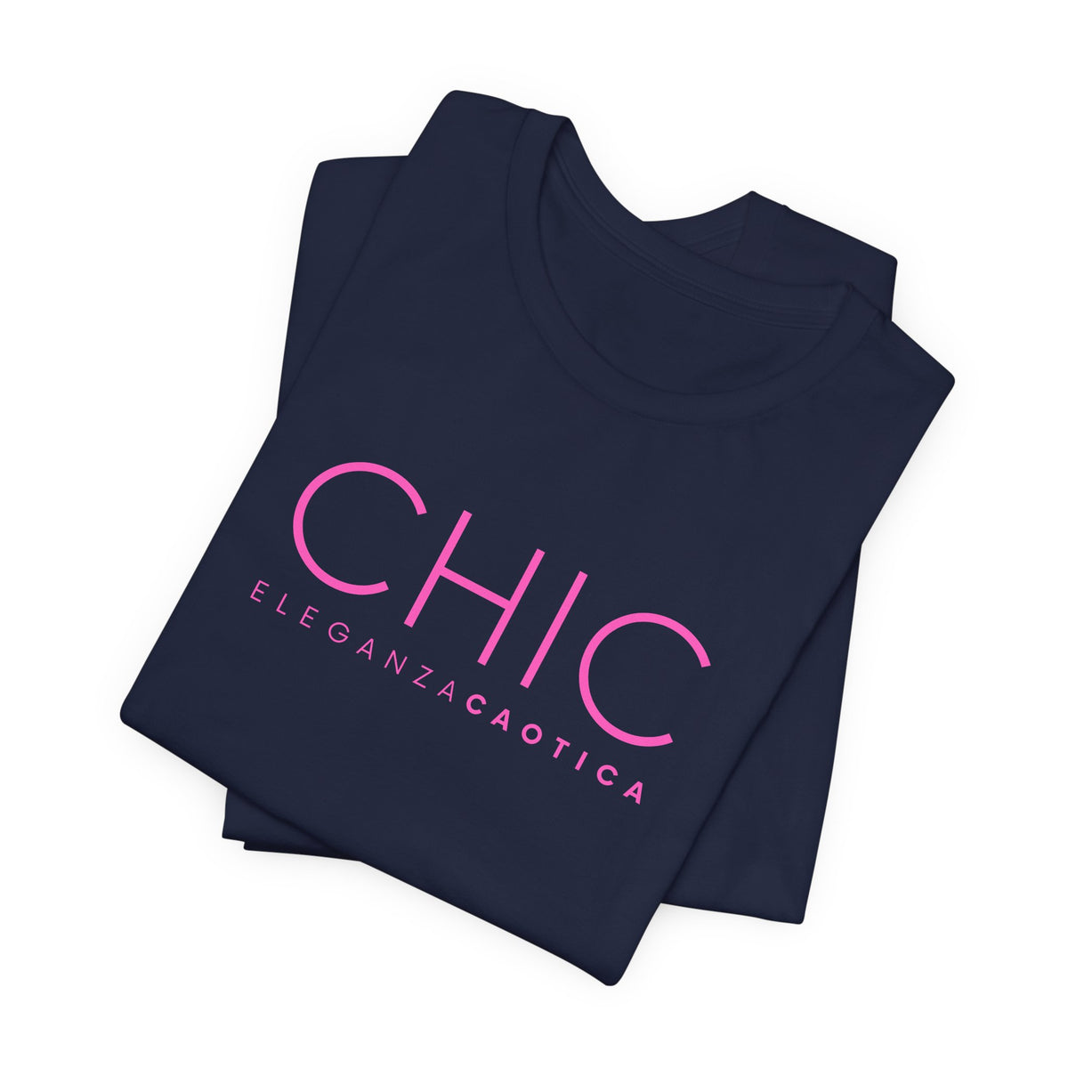 Navy blue graphic T-shirt with pink 'CHIC ELEGANZA CAOTICA' typography on a neutral gray studio background.