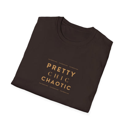 Folded dark brown short-sleeve graphic T-shirt with 'Pretty Chic Chaotic' printed in gold on the front, displayed against a plain white background.