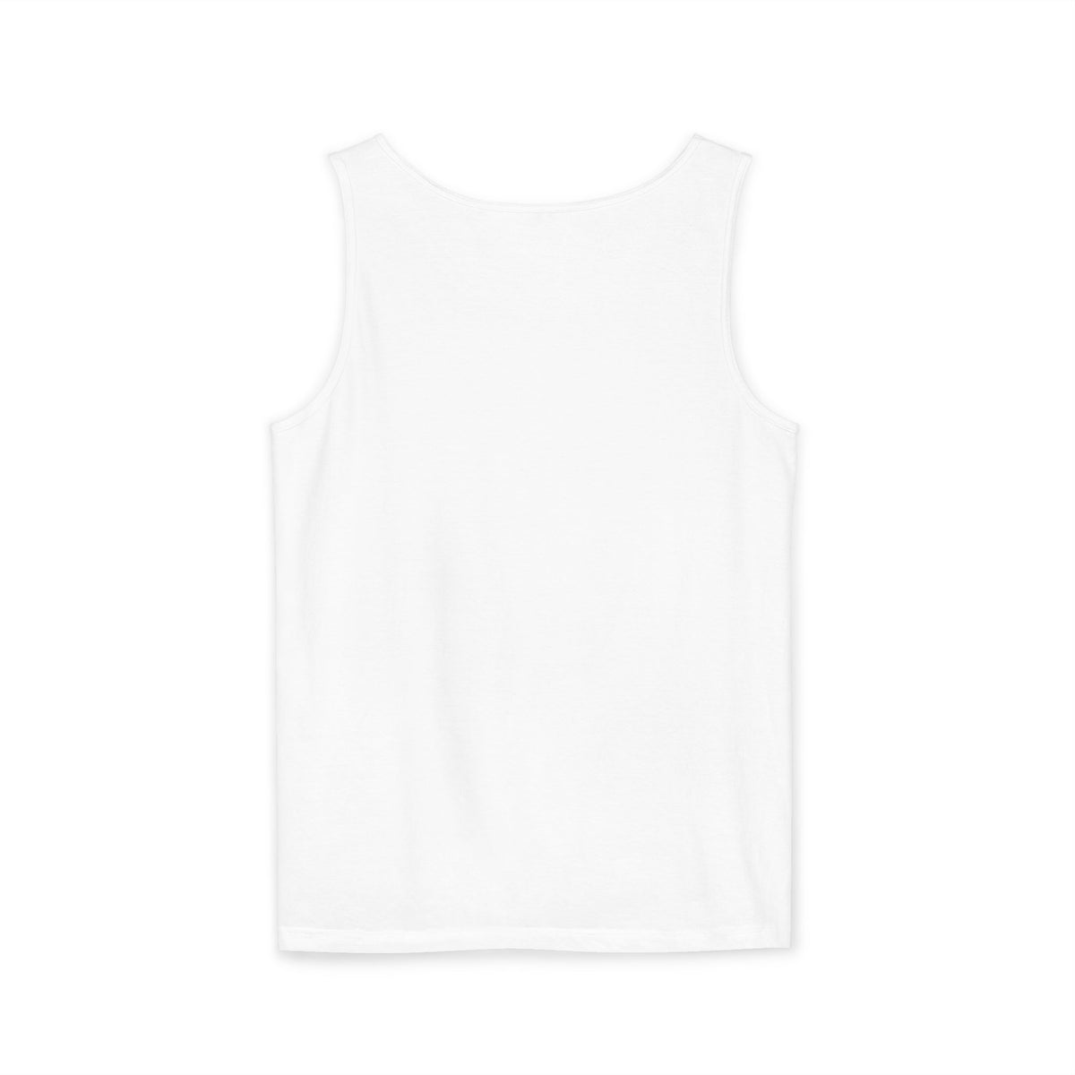 A white sleeveless tank top from back with a dark gray graphic print on the front reading 'L'Art Du CHAOTIQUE' and smaller 'CHTQDESIGN' text, shown on a plain white background.