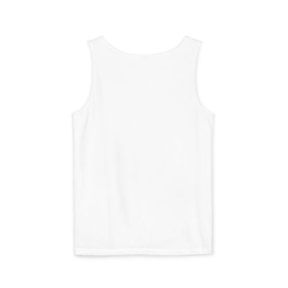 A white sleeveless tank top from back with a dark gray graphic print on the front reading 'L'Art Du CHAOTIQUE' and smaller 'CHTQDESIGN' text, shown on a plain white background.