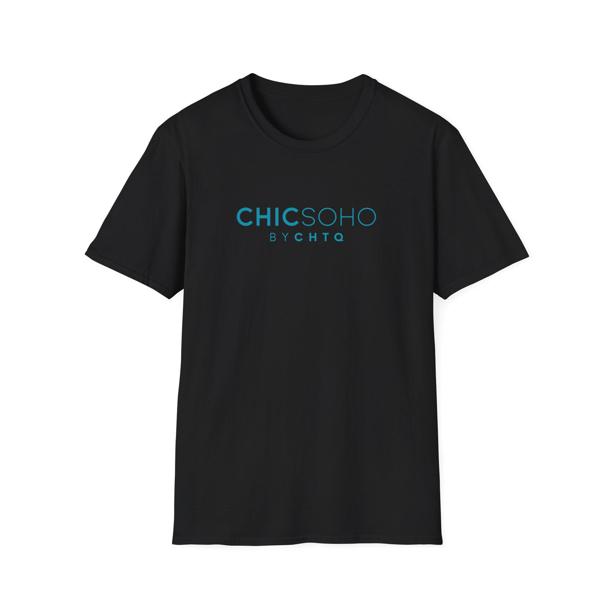 Black CHICSOHO graphic T-shirt with turquoise BY CHTQ logo print, short sleeves and crew neckline, displayed on a clean white background.