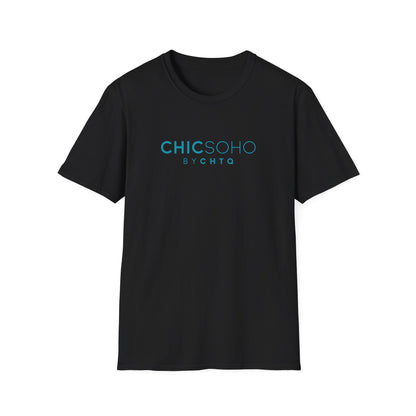 Black CHICSOHO graphic T-shirt with turquoise BY CHTQ logo print, short sleeves and crew neckline, displayed on a clean white background.