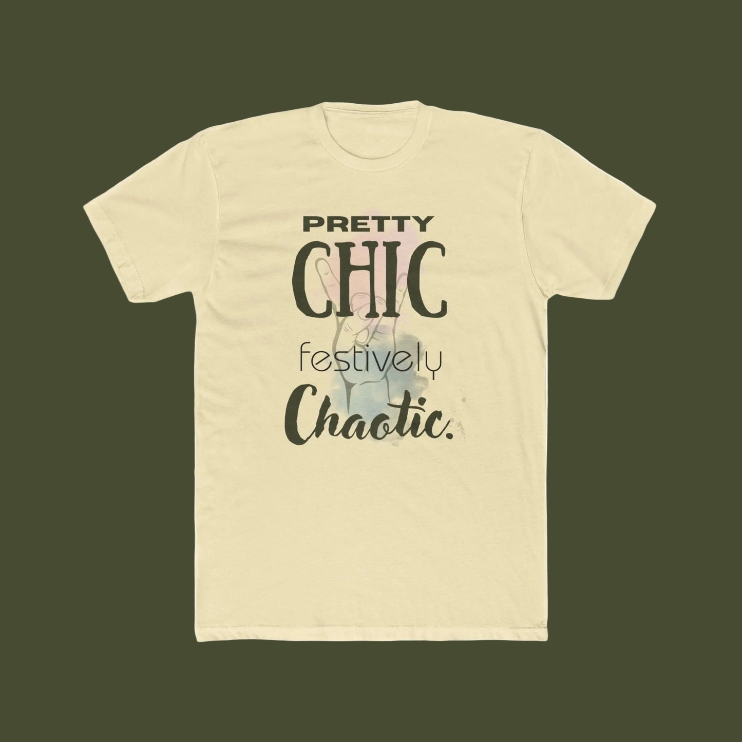 A light cream-colored short-sleeve t-shirt with a graphic print on the front. The text reads 'PRETTY CHIC festively Chaotic.