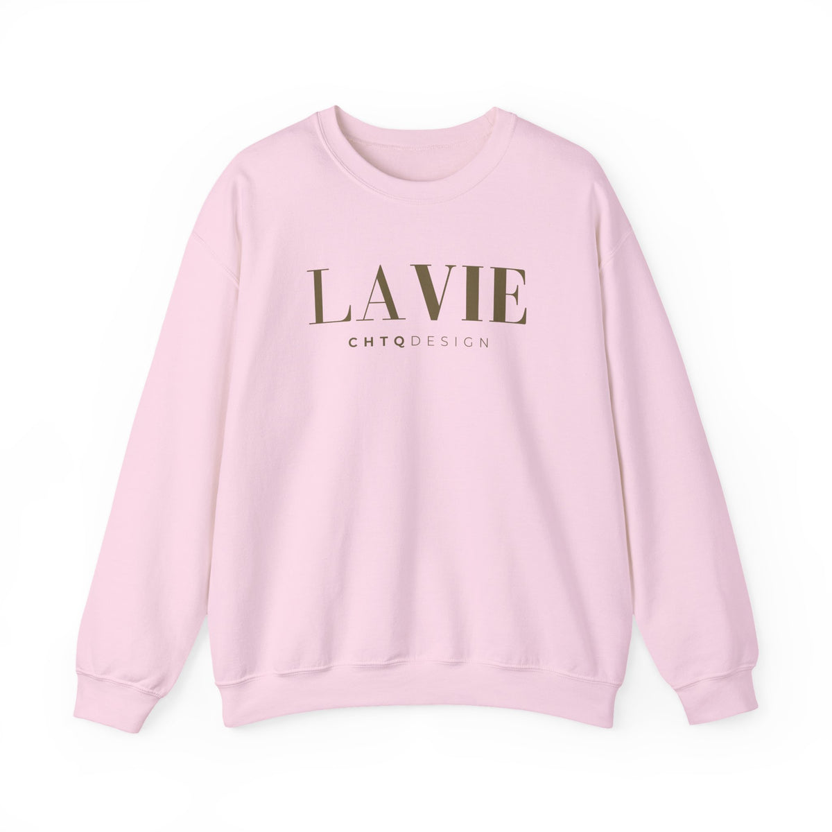 A light pink crewneck sweatshirt featuring a gold “LA VIE” graphic with smaller “CHTQ DESIGN” text underneath, displayed against a clean white background.