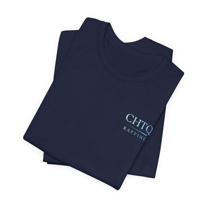 Folded navy blue t-shirts with text CHTQ raffine on chest on a white background