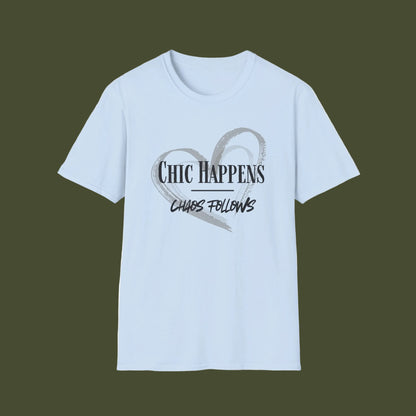 A light blue short-sleeve crewneck t-shirt with a graphic on the chest featuring a distressed gray heart and the text 'Chic Happens' and 'Chaos Follows' in black.