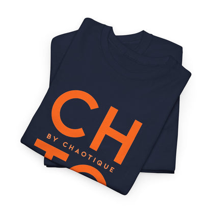Folded navy blue CHTQ BY CHAOTIQUE graphic T-shirt featuring a orange typographic front print, displayed against a clean white background.