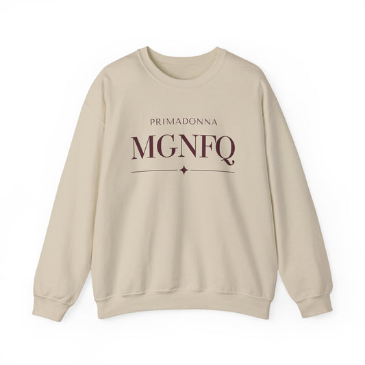 Beige sweatshirt with text 'Primadonna MGNFQ' on a white background