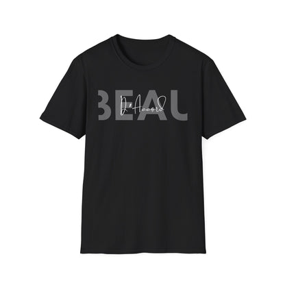 Black BEAU D’Accord graphic T-shirt featuring large dark grey BEAU lettering with white handwritten D’Accord script across the chest.
