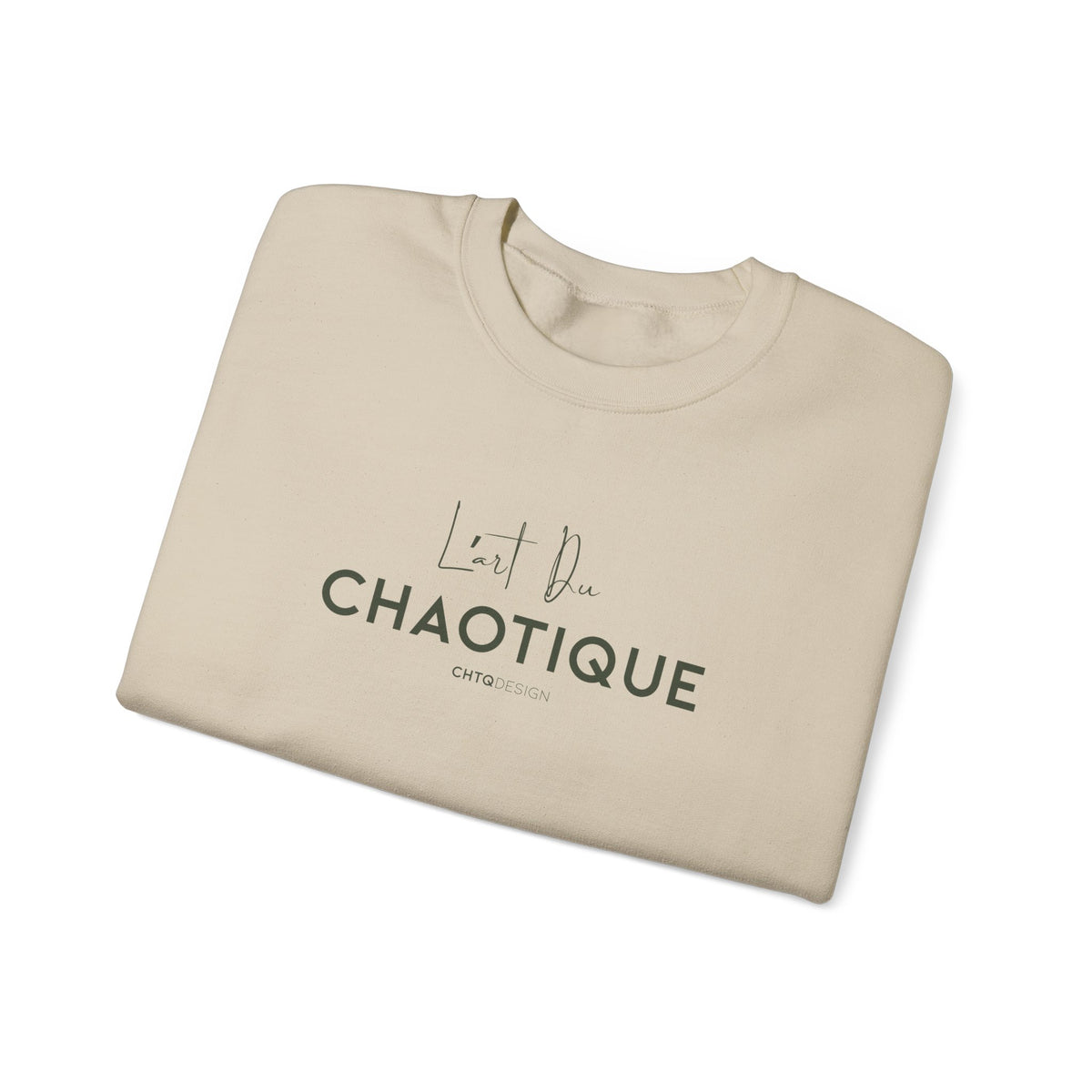 A folded beige crewneck t-shirt with dark gray text reading 'L'art Du CHAOTIQUE' and 'CHTQ DESIGN' printed on the front, displayed on a clean white background.