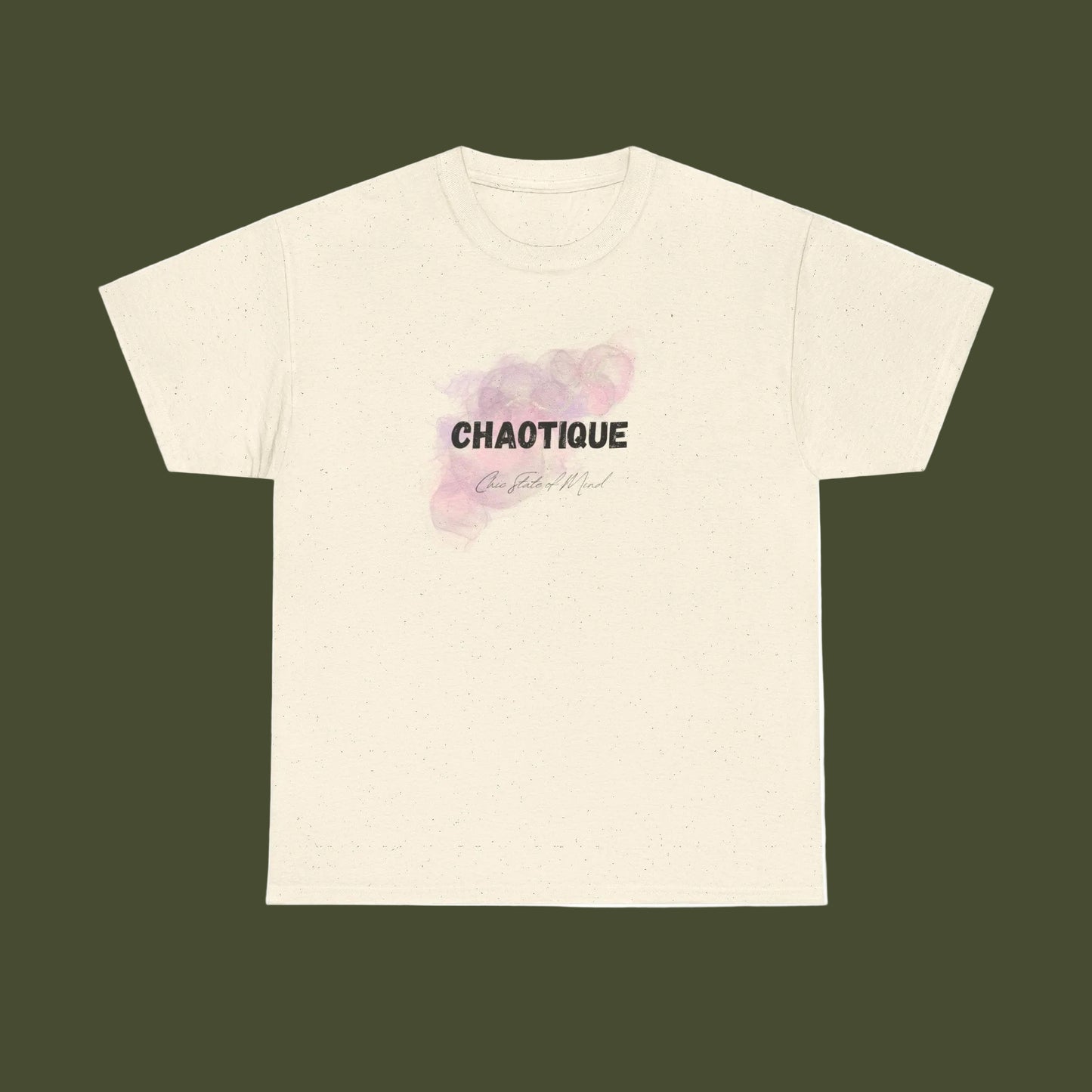 Beige t-shirt with 'CHAOTIQUE Chic state of mind ' text and floral design on a white backgroundhic 