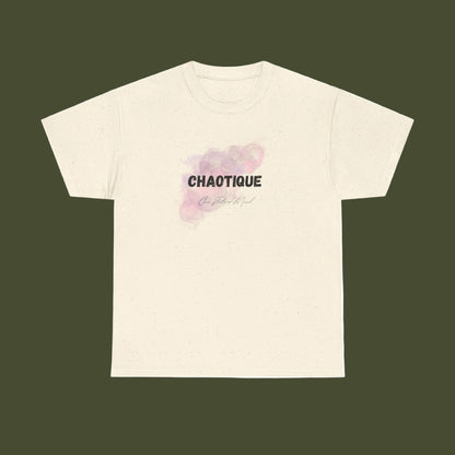 Beige t-shirt with 'CHAOTIQUE Chic state of mind ' text and floral design on a white backgroundhic 