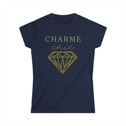 A navy blue short-sleeve t-shirt with a gold graphic print on the front that reads 'CHARME chic' above a large outlined diamond, shown on a plain white background.